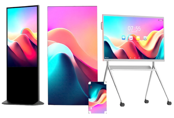 Display Lab product lineup: digital signage kiosk, LED video wall, interactive display, and tablet panel